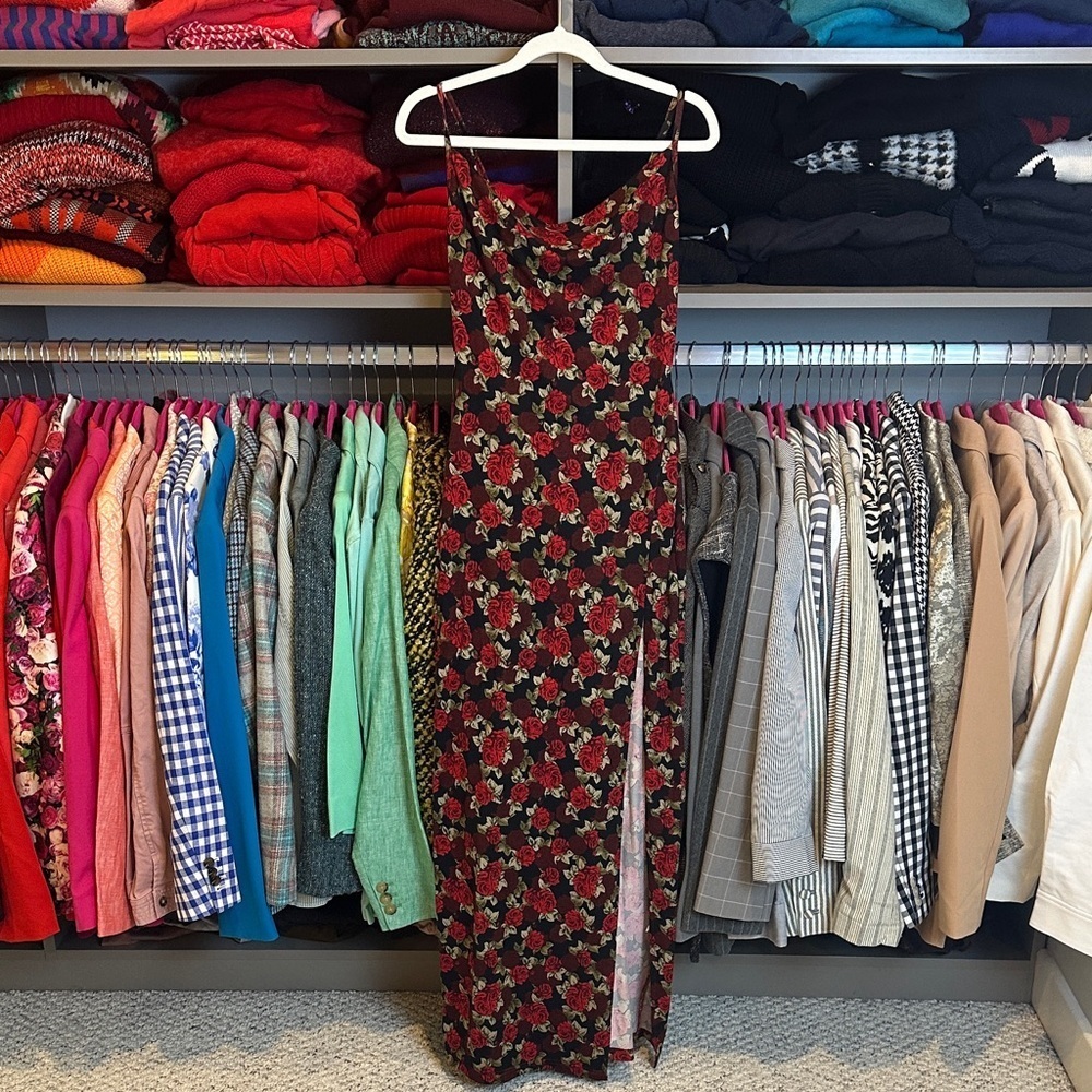SHEIN black/red floral front slit maxi dress size XS